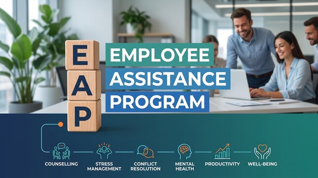 Employee Assistance Program EAP concept, corporate mental health and well-being services, workplace productivity and stress management support