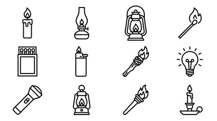 Collection of light sources icons: candle, lantern, torch, match, lighter, flashlight, lightbulb © Sugar