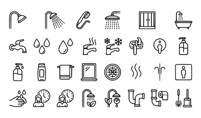 Fototapeta premium Shower Line Icons Vector Set with Bathroom Water and Hygiene Symbols