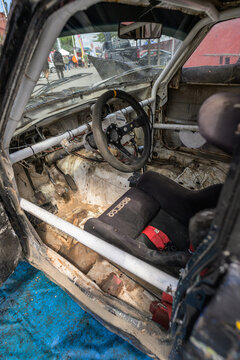 Gothenburg, Sweden - May 30 2026: Close interior view of stripped race car safety cockpit.