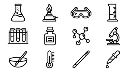 Fototapeta premium Science Lab Equipment Icons: Beaker, Bunsen Burner, Microscope, Test Tubes, Dropper