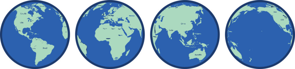 Planet Earth Globe Map Set Showing Multiple Continents and Hemispheres Including America Europe Africa Asia Australia and Pacific Ocean Vector Illustrations\ © Sadio Mane