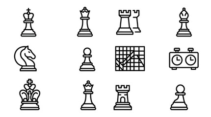 Chess Game Icons Set: King, Queen, Rook, Bishop, Knight, Pawn, Board, Timer © Sugar