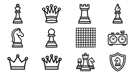 Chess Game Icons Set: King, Queen, Rook, Bishop, Knight, Pawn, Board, Timer, Shield © Sugar