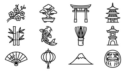 Naklejka premium Japanese Culture Icons Set: Cherry Blossom, Bonsai, Torii Gate, Pagoda, Koi Fish, Matcha Whisk
