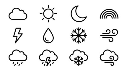 Obraz premium Weather Icons Set: Sun, Moon, Cloud, Rain, Snow, Lightning, Wind, Rainbow