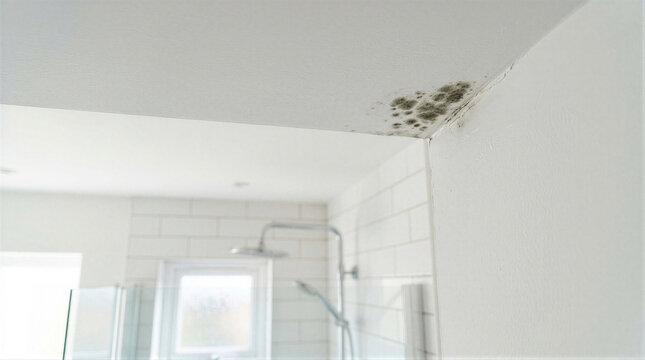 Mold growth on bathroom ceiling corner. Damage from moisture and humidity in home interior. Problem with ventilation and water leak. Household maintenance and wall repair concept.