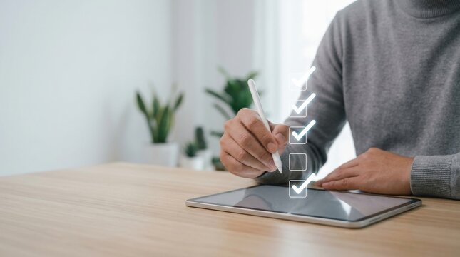 Professional businessman using a digital stylus on a tablet computer to complete a checklist and mark tasks as finished in a modern workspace environment