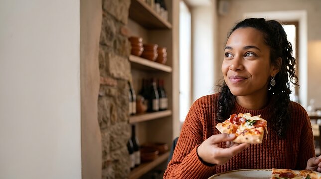 Happy woman eating a slice of pizza in a cozy rustic restaurant