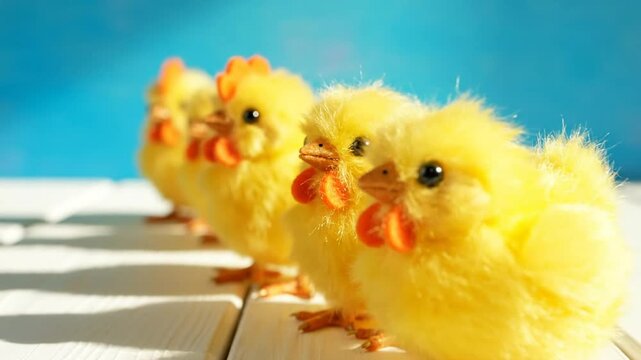 Cute fluffy yellow chicks in a row against a blue and white backdrop with soft sunlight casting shadows
