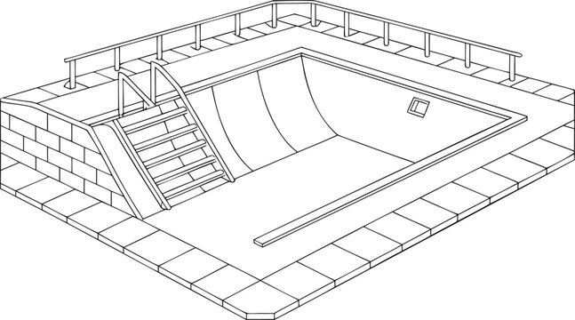 Isometric blueprint of geometric swimming pool with tiled deck and water geometric pool tiled deck