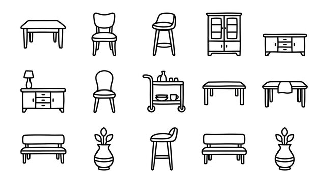 Collection of furniture line art icons: tables, chairs, cabinets, bench, vase, bar stool