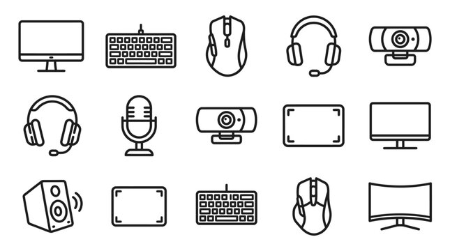 Computer Accessories Icons Set: Monitor, Keyboard, Mouse, Headphones, Webcam, Microphone, Speaker