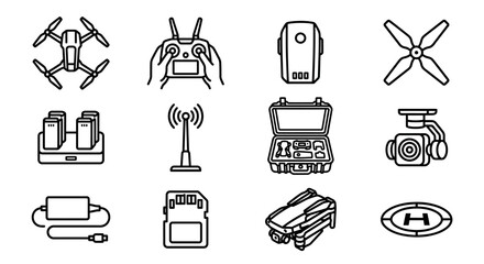 Drone Technology Icons Set: Quadcopter, Controller, Camera, Battery, Propeller, Case © Sugar