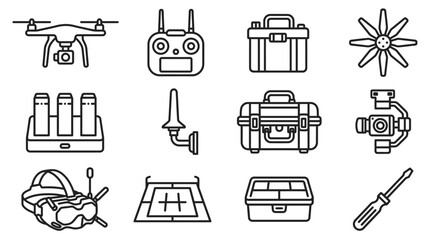 Drone Technology Icons: Quadcopter, Remote, Goggles, Parts, Tools & Accessories Set © Sugar