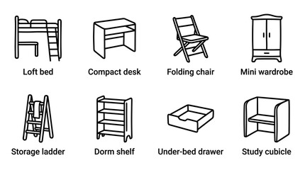 Collection of minimalist furniture icons: loft bed, desk, chair, wardrobe, storage, shelf, drawer, cubicle © keenan