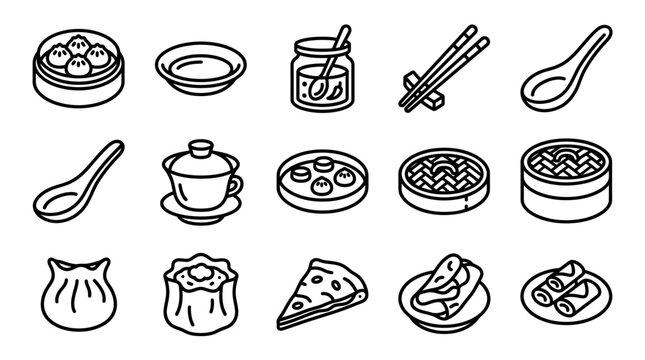 Chinese Food Icons: Dim Sum, Dumplings, Chopsticks, Spoon, Tea Set & More