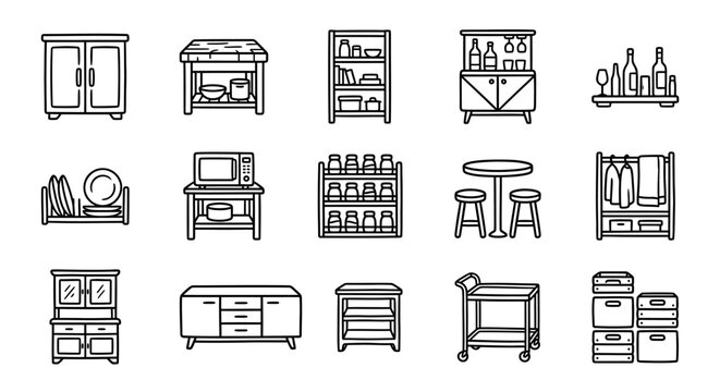 Hand-drawn furniture icons for kitchen and home organization, storage, and decor.