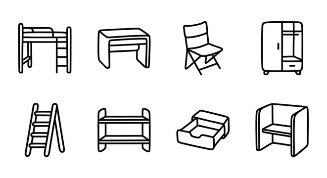 Children's Furniture Icons: Bunk Bed, Desk, Chair, Wardrobe, Ladder, Shelf, Drawer, Seat