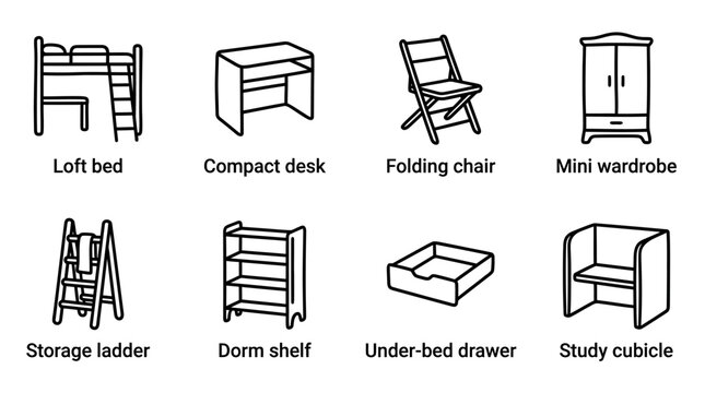 Collection of minimalist furniture icons: loft bed, desk, chair, wardrobe, storage, shelf, drawer, cubicle