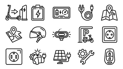 Fototapeta premium Electric Scooter Charging and Eco-Friendly Transport Icons Set