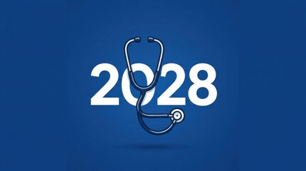 Fototapeta premium Medical concept for the year 2028 featuring a professional stethoscope integrated with large white numbers on a solid blue background