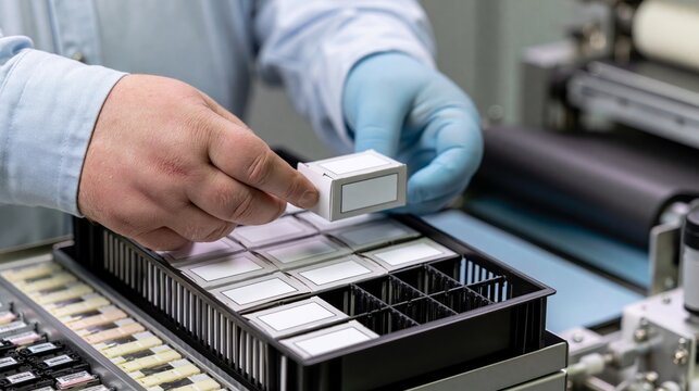 Label Operator Placing Sample Cartons into First-Article Tray on Packaging Line