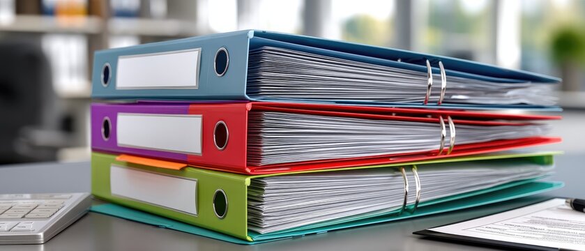 Stack of colorful binders resting on a grey desk in an office with soft background lighting providing focus on the binders