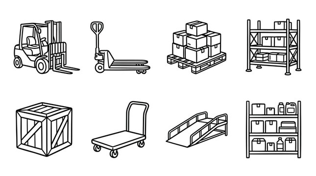 Warehouse Equipment Icons: Forklift, Pallet Jack, Shelving, Boxes, Ramp