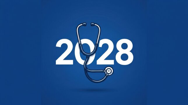 Medical concept for the year 2028 featuring a professional stethoscope integrated with large white numbers on a solid blue background
