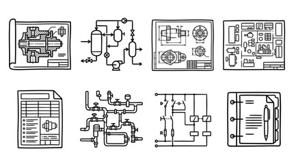 Obraz premium Engineering Drawings Collection: Blueprints, Schematics, Diagrams, and Technical Plans