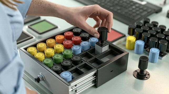 Female Production Lead Sorting Color-Coded Inspection Stamps at Quality Desk