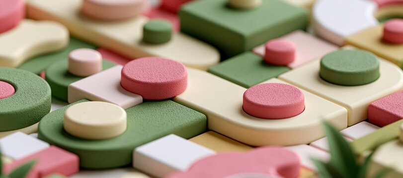 Modular 3D workflow pathways with rounded blocks in cream, sage, and muted pink