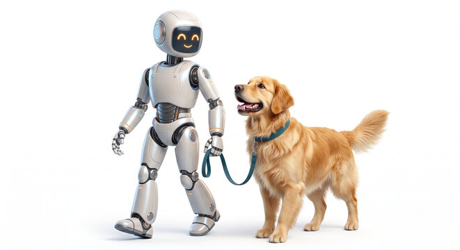 Friendly robot walks a happy golden retriever dog on a leash against a white background