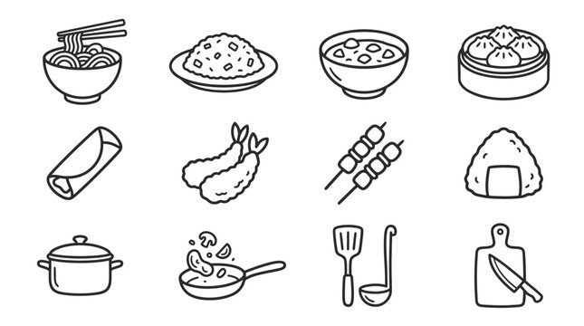 Asian Food Icons: Noodles, Rice, Dumplings, Sushi, Stir-fry, Tempura, Skewers, Wraps