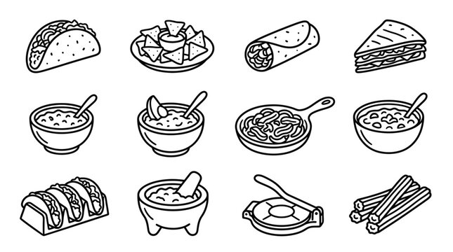 Mexican Food Icons: Taco, Burrito, Nachos, Quesadilla, Salsa, Guacamole, Tortillas