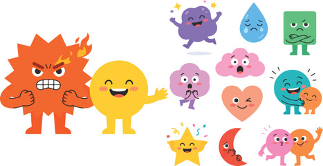 Fototapeta premium Cute Emoticons Expressing Emotions: A vibrant collection of cartoonish characters and shapes embodying various emotions, from fiery anger to joyful delight and nervous surprise.