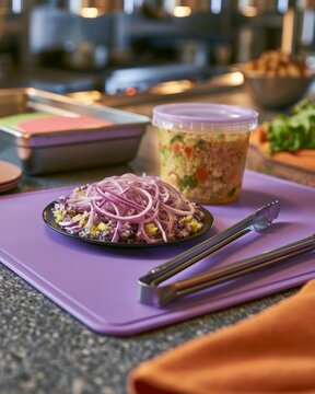 Purple Cutting Board with Plate of Salad and Covered Ingredient Cup in Restaurant Kitchen