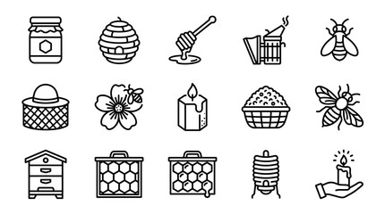 Beekeeping and Honey Icons: Beehive, Honey Jar, Bees, Honeycomb, Candle, Smoker © Sugar