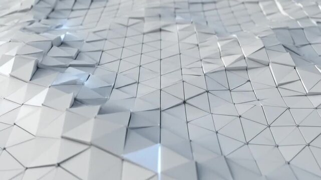 Abstract white geometric triangular low poly surface slowly shifting with glowing highlights background