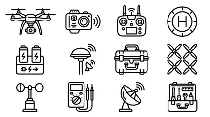 Drone Equipment Icons: Camera, Remote, Batteries, Tool Kit, Weather Station © Sugar