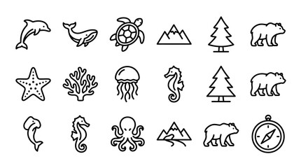 Ocean Wildlife and Mountain Icons: Dolphin, Whale, Turtle, Bear, Trees, Compass © keenan
