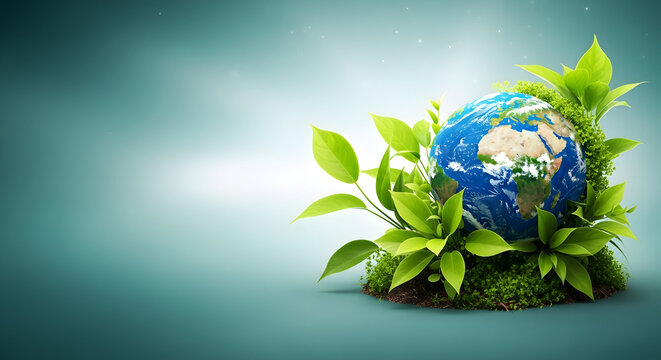World day for environmental protection globe emerging from lush green foliage