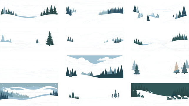 Minimal winter landscape set with snowy hills pine trees and serene nature scenes vector illustration collection