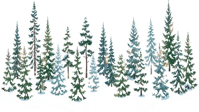 Winter forest with snow covered pine trees and falling snowflakes nature landscape vector illustration detailed seasonal scene
