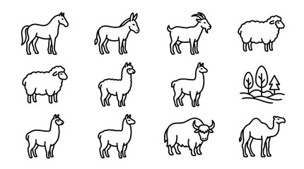 Fototapeta premium Farm Animals Icon Set: Horse, Donkey, Goat, Sheep, Llama, Yak, Camel, Trees