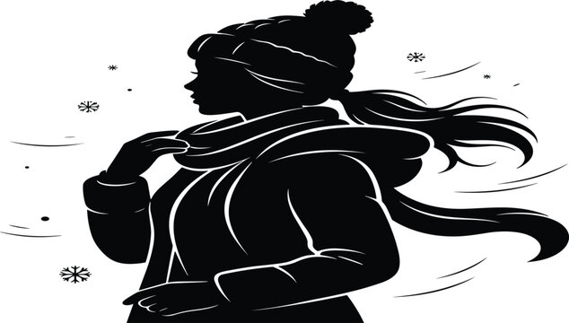 Black silhouette of woman in winter clothing with flowing scarf in windy snowfall weather vector illustration