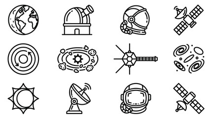 Space and Astronomy Icons: Earth, Telescope, Astronaut, Satellite, Sun, Galaxies © Sugar