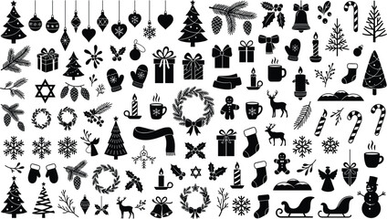 Black silhouette Christmas icons set with trees gifts ornaments reindeer wreaths candles and festive winter holiday decorative vector collection © AponChandra