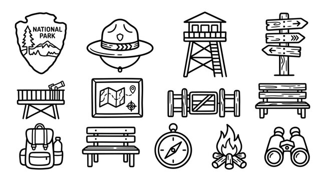 National Park Icons: Ranger Hat, Backpack, Compass, Map, Fire, Binoculars, Bench